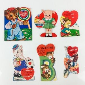 Vintage Valentine Card Lot Of 6 Animals Bear Pig Bunny Rabbit Elephant Fishing